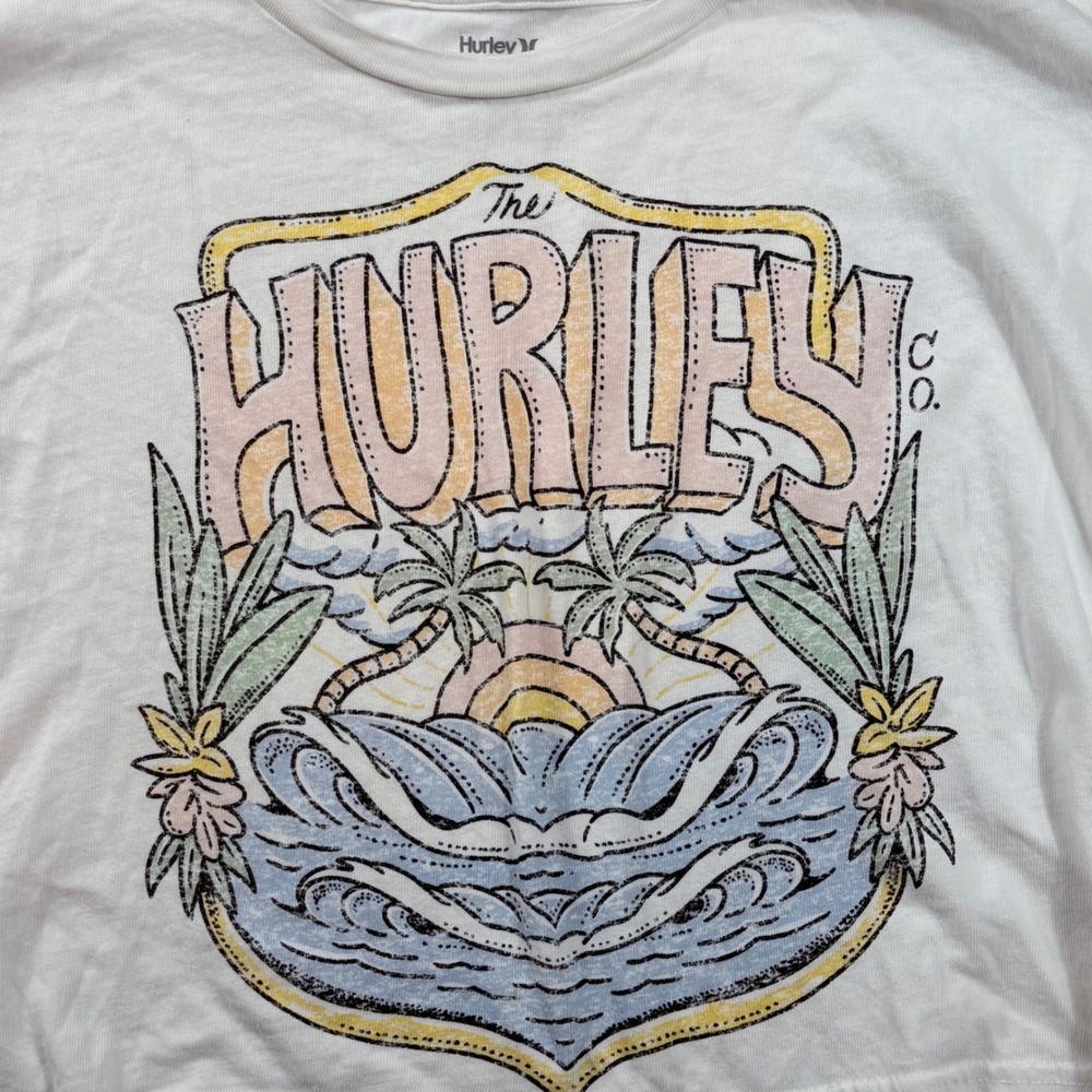 Hurley Graphic T-Shirt Womens Medium White Surf Palm Boxy Crop Top Boho Skater‎ - Picture 2 of 7
